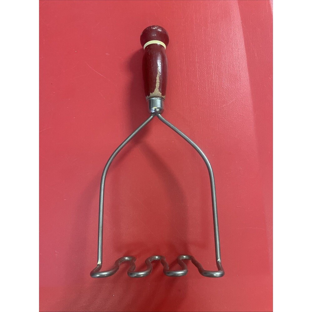 Vintage Potato Vegetable Masher With Red Wooden Handle, Kitchen Tool Primitive
